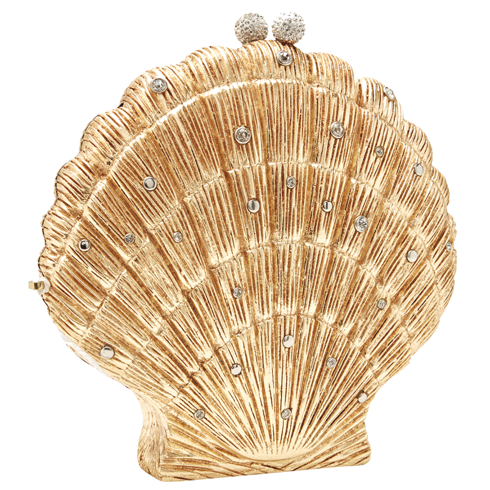 Gold seashell minaudiere with dotted crystals by Emm Kuo