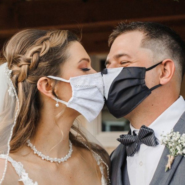 bride and groom in face masks